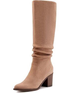 Women Knee High Boots Chunky Heel Faux Suede Square Toe Boots Pointed Toe Khaki